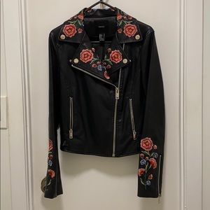 Faux leather Jacket with flower embroidery
